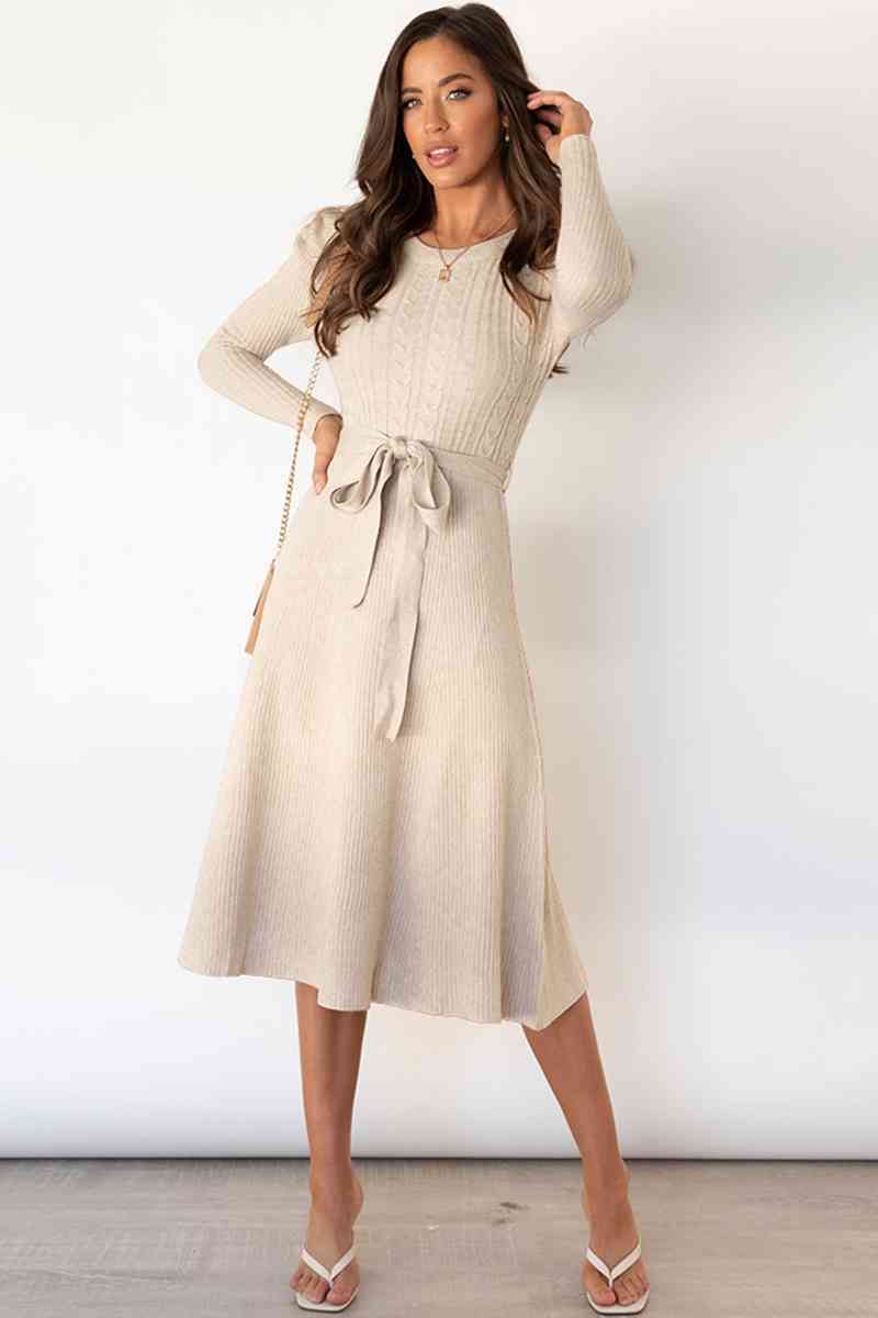 Heidi-Mode | Rundhalsausschnitt Langarm Knoten Taille Pullover Kleid - Image 11