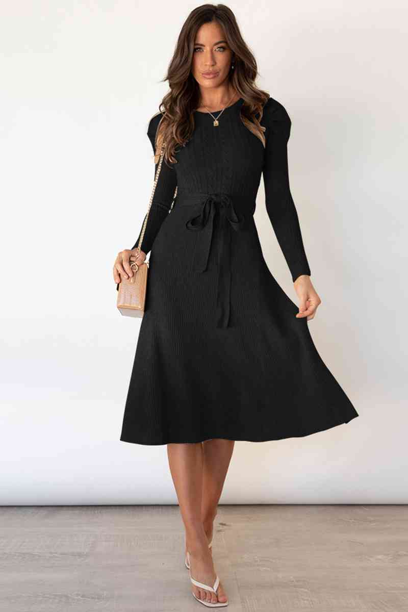 Heidi-Mode | Rundhalsausschnitt Langarm Knoten Taille Pullover Kleid - Image 12