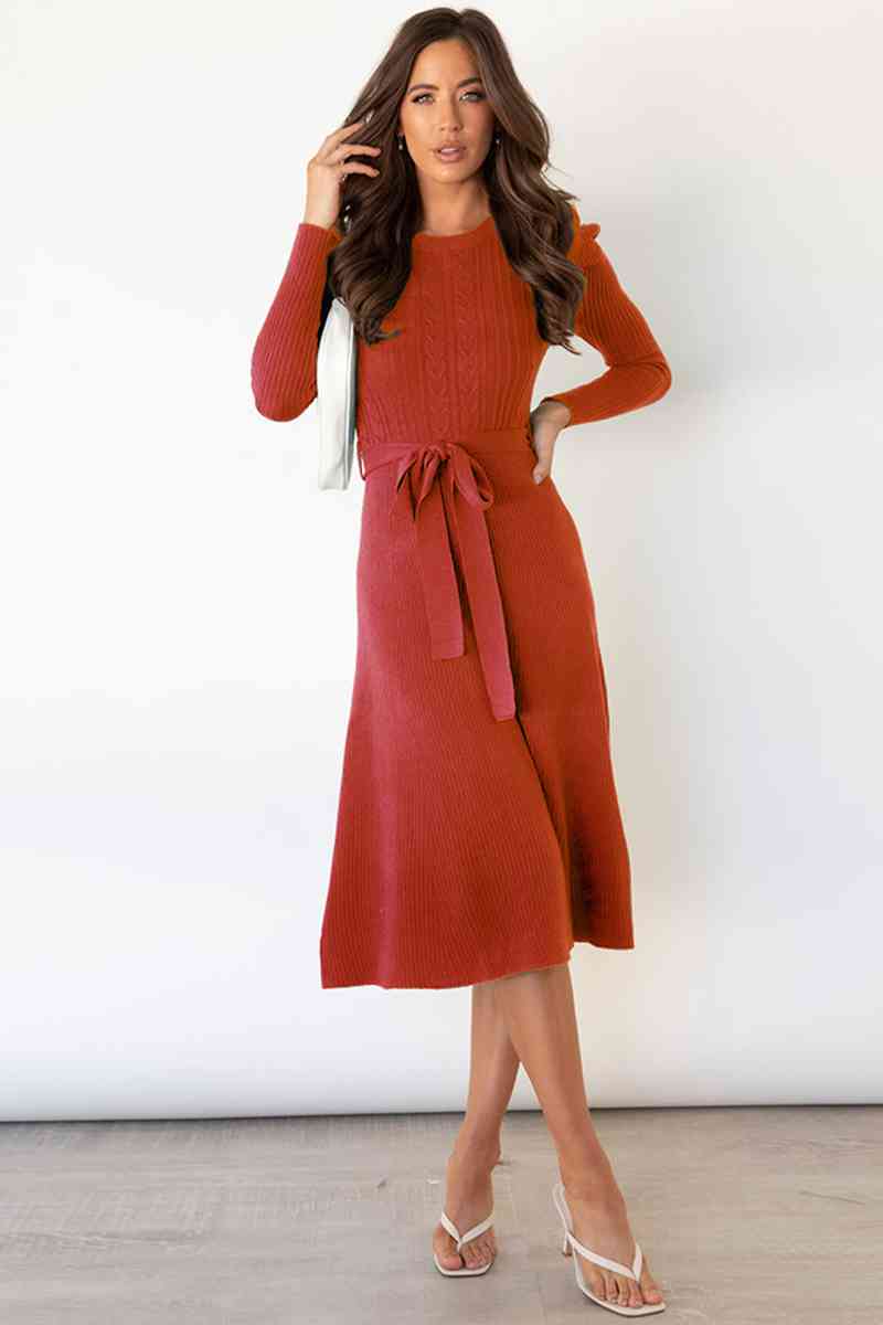 Heidi-Mode | Rundhalsausschnitt Langarm Knoten Taille Pullover Kleid - Image 13