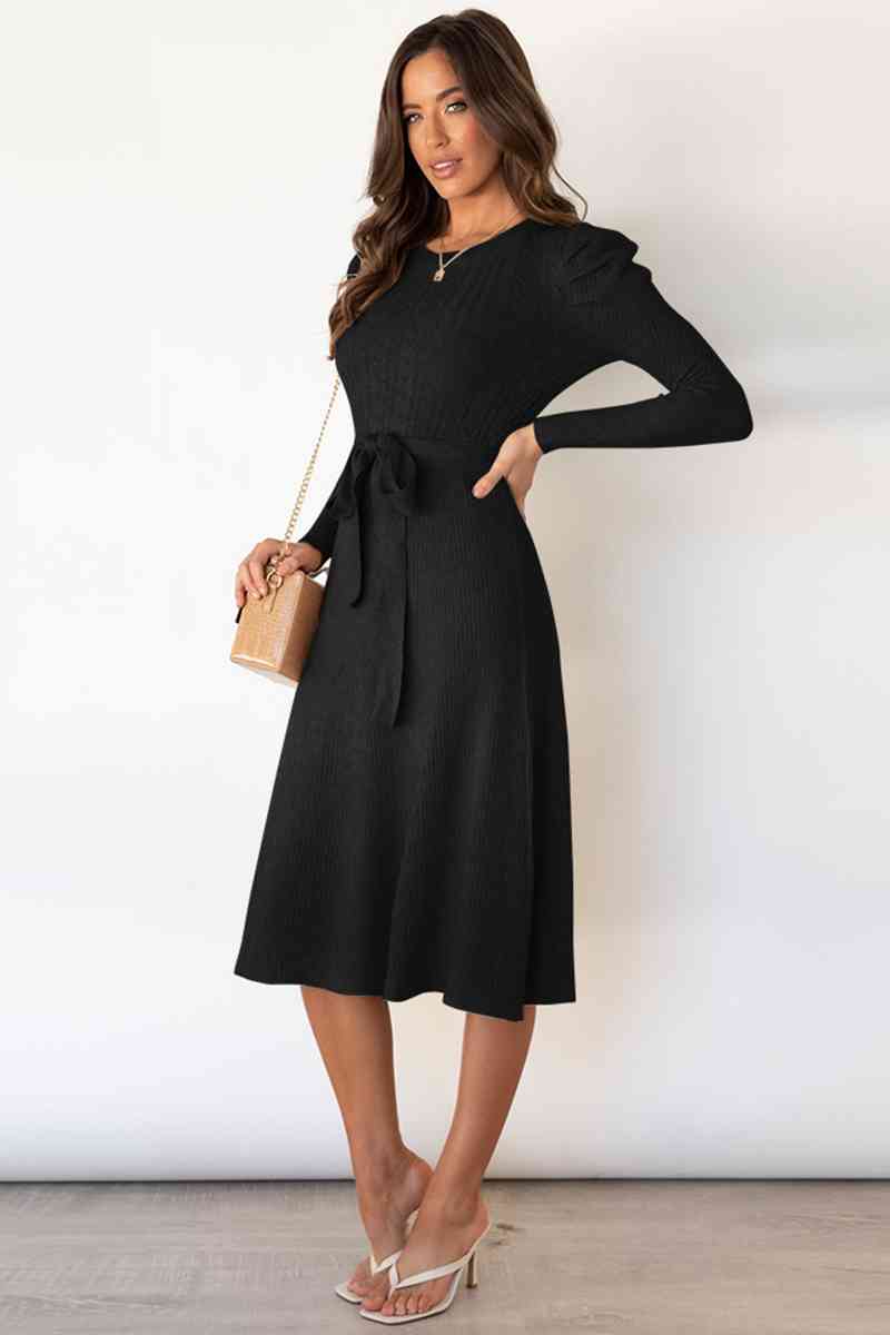 Heidi-Mode | Rundhalsausschnitt Langarm Knoten Taille Pullover Kleid - Image 3
