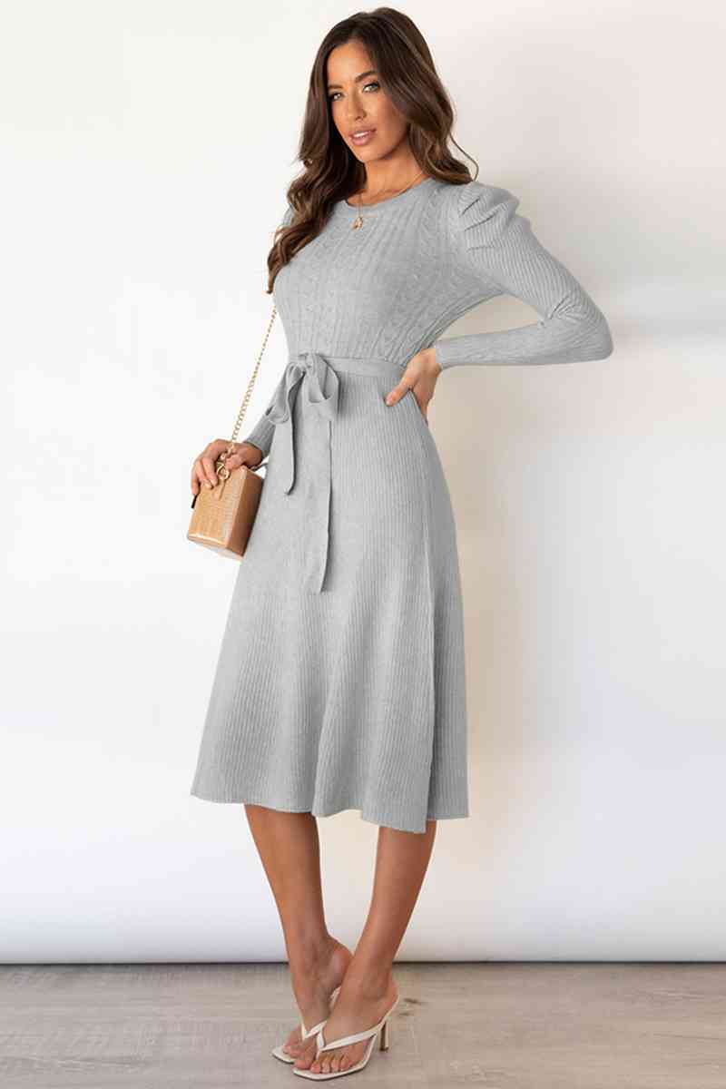 Heidi-Mode | Rundhalsausschnitt Langarm Knoten Taille Pullover Kleid - Image 7