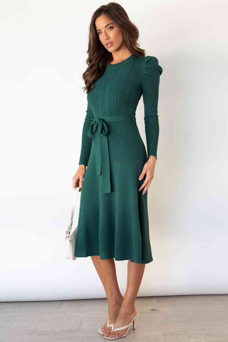 Heidi-Mode | Rundhalsausschnitt Langarm Knoten Taille Pullover Kleid - Image 9
