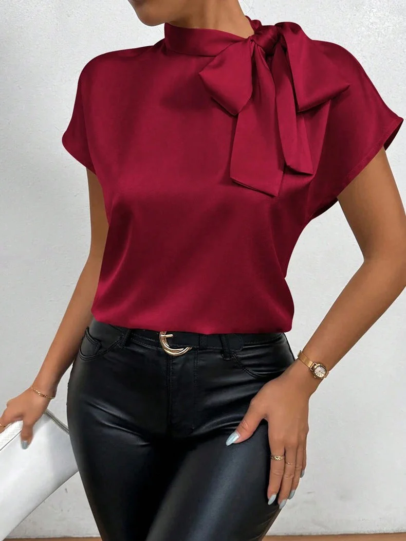 Heidi-Mode | Satinbluse Kurzarm Hoher Kragen mit Schleife Eleganter Entspannter Schnitt - Image 4