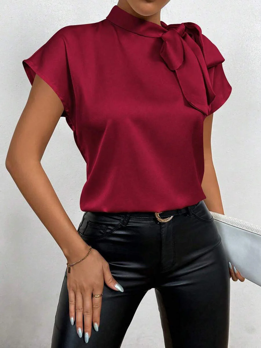 Heidi-Mode | Satinbluse Kurzarm Hoher Kragen mit Schleife Eleganter Entspannter Schnitt - Image 7