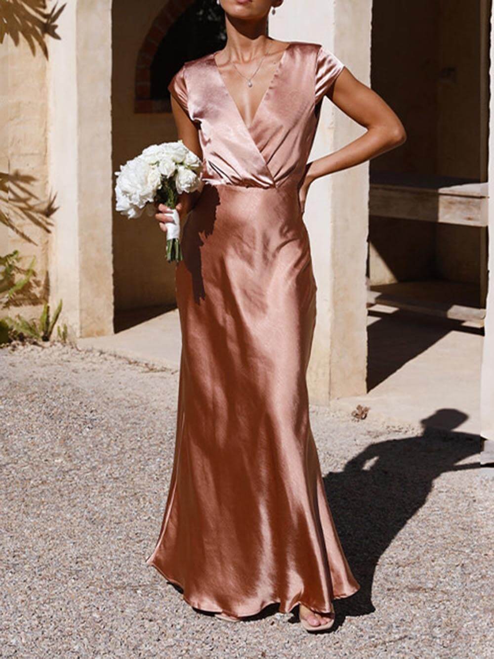 Heidi-Mode | Satiniertes Fishtail Maxikleid mit V-Ausschnitt für Damen - Image 10