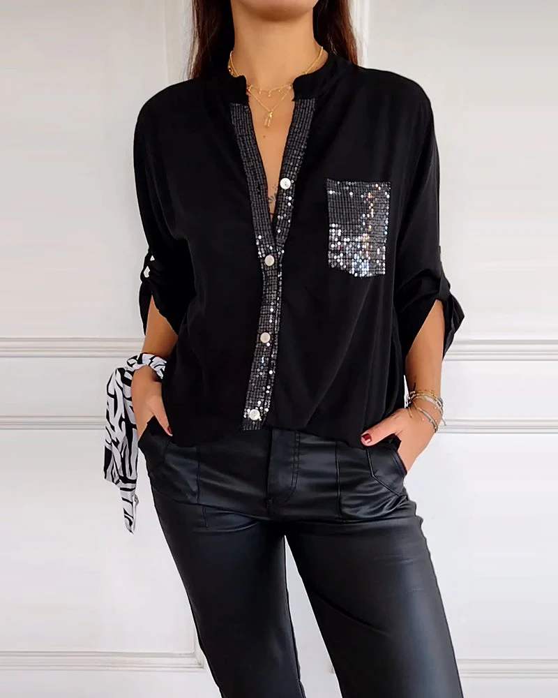 Heidi-Mode | Schicke Bluse mit Knopfleiste und Paillettenbesatz für Damen Elegante Langarmbluse mit Paillettentasche - Image 11