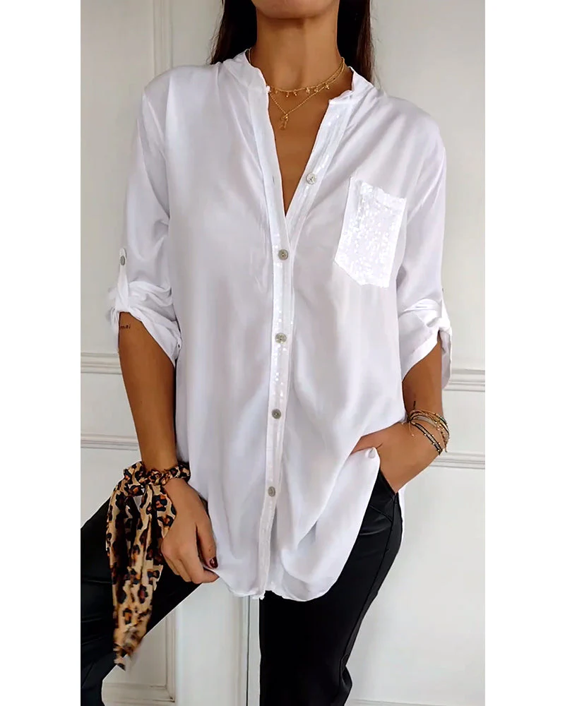 Heidi-Mode | Schicke Bluse mit Knopfleiste und Paillettenbesatz für Damen Elegante Langarmbluse mit Paillettentasche - Image 12
