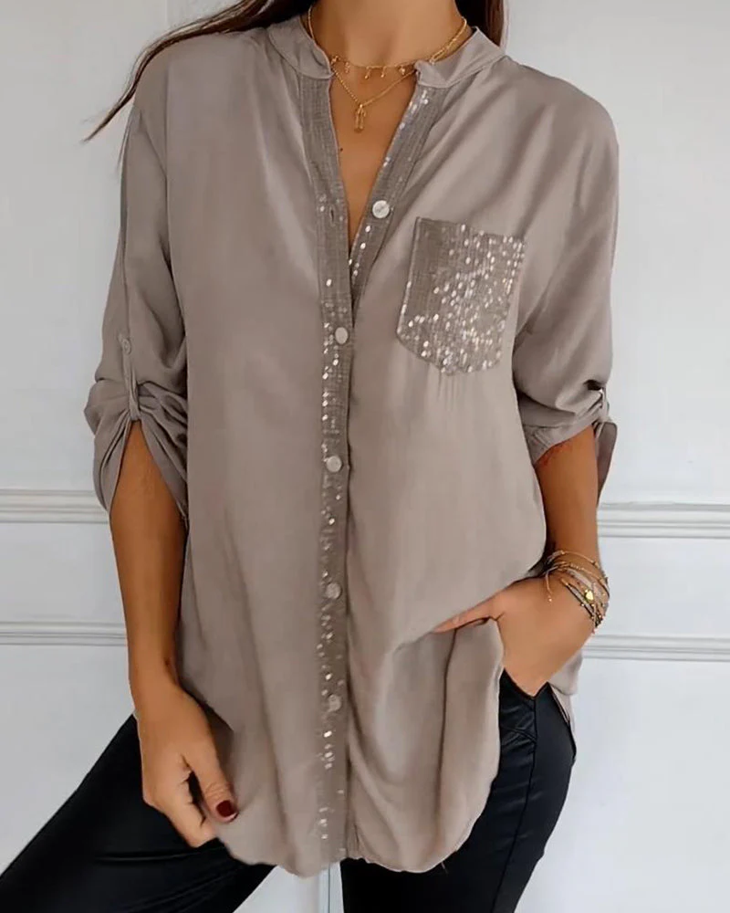 Heidi-Mode | Schicke Bluse mit Knopfleiste und Paillettenbesatz für Damen Elegante Langarmbluse mit Paillettentasche - Image 13