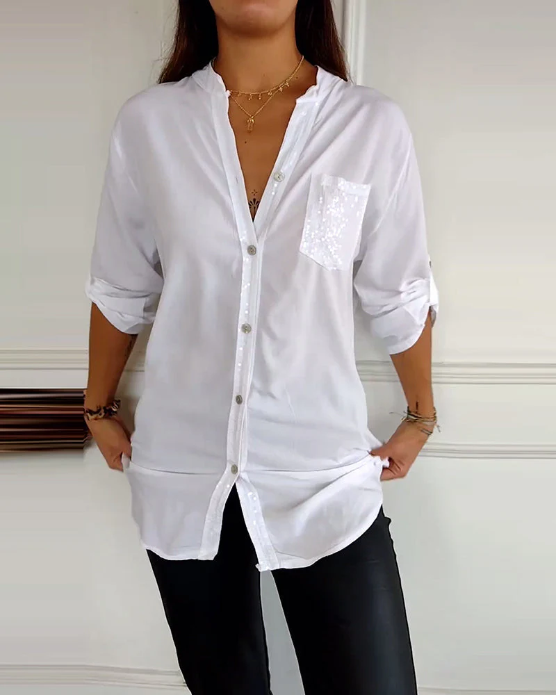 Heidi-Mode | Schicke Bluse mit Knopfleiste und Paillettenbesatz für Damen Elegante Langarmbluse mit Paillettentasche - Image 6