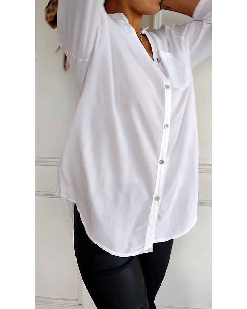 Heidi-Mode | Schicke Bluse mit Knopfleiste und Paillettenbesatz für Damen Elegante Langarmbluse mit Paillettentasche - Image 7