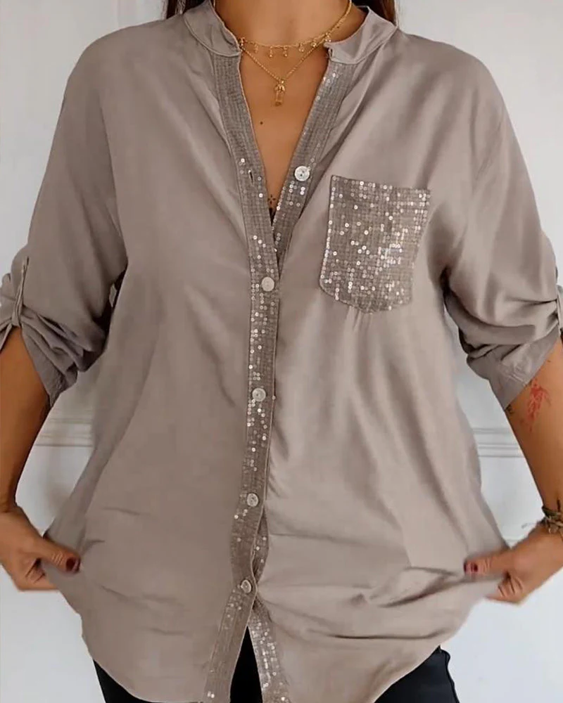 Heidi-Mode | Schicke Bluse mit Knopfleiste und Paillettenbesatz für Damen Elegante Langarmbluse mit Paillettentasche - Image 8