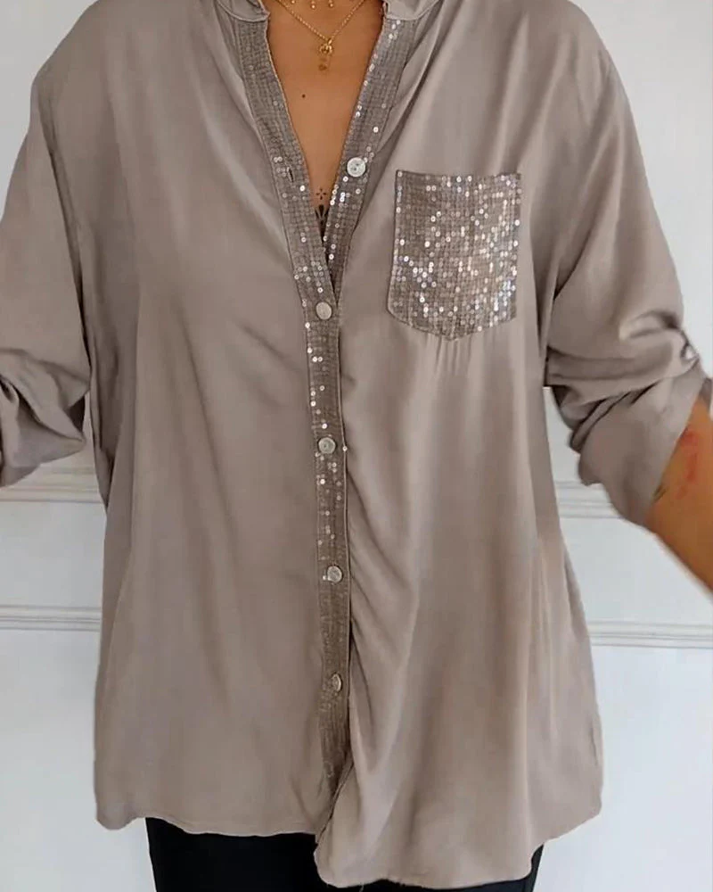 Heidi-Mode | Schicke Bluse mit Knopfleiste und Paillettenbesatz für Damen Elegante Langarmbluse mit Paillettentasche - Image 9