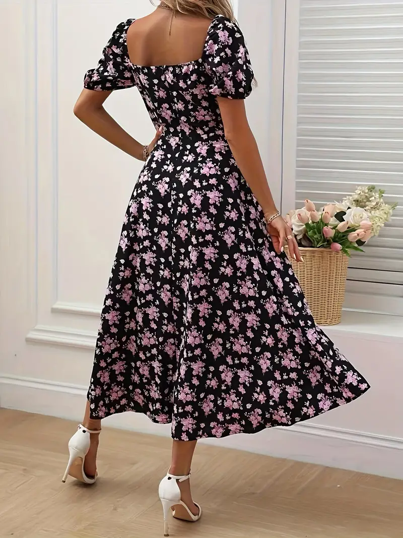 Heidi-Mode | Schickes Kleid mit Puffärmeln Im A-Linien-Stil mit Blumendruck - Image 2