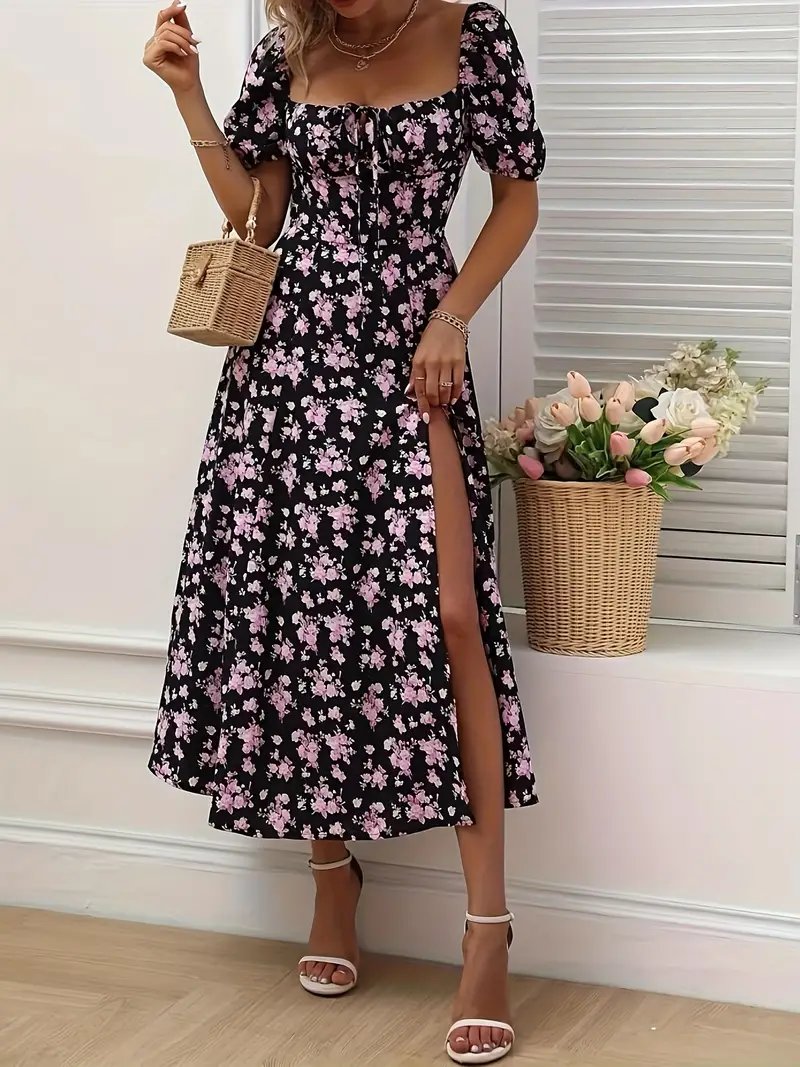 Heidi-Mode | Schickes Kleid mit Puffärmeln Im A-Linien-Stil mit Blumendruck - Image 3