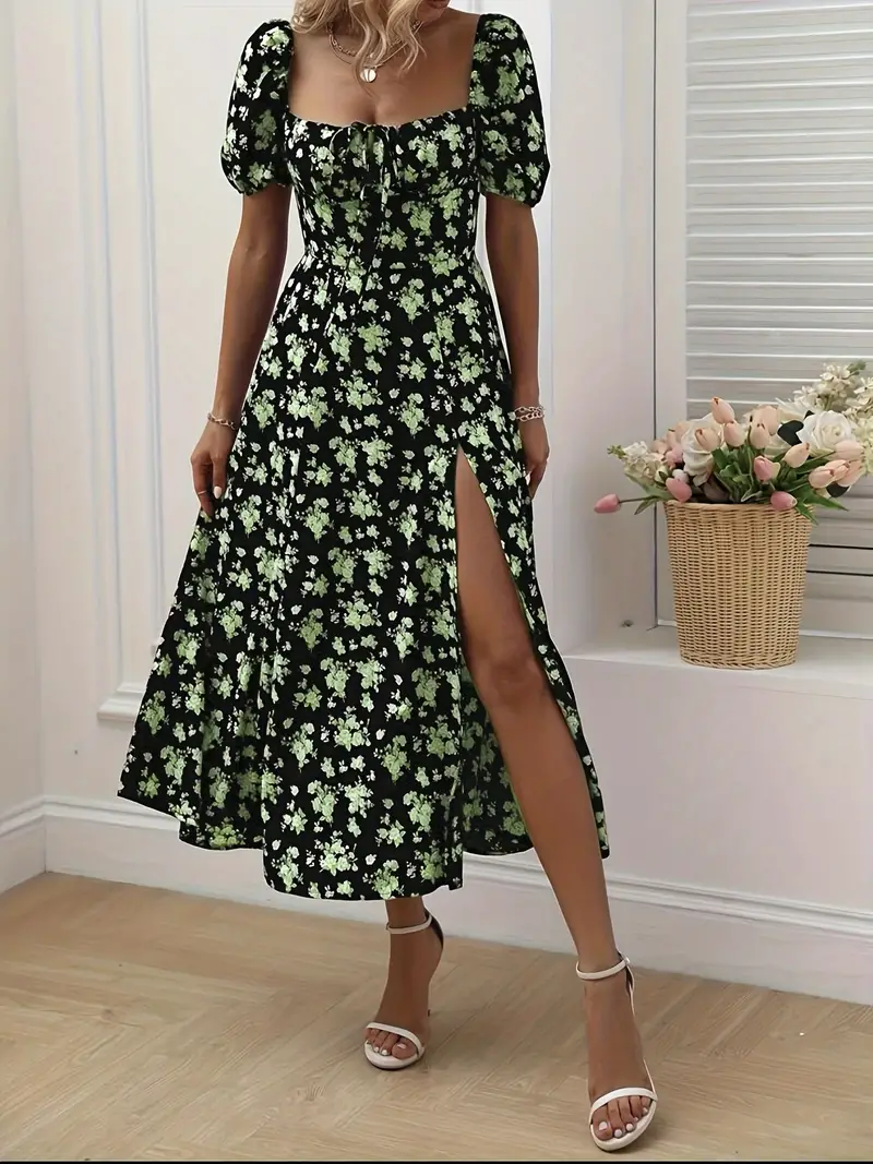 Heidi-Mode | Schickes Kleid mit Puffärmeln Im A-Linien-Stil mit Blumendruck - Image 4