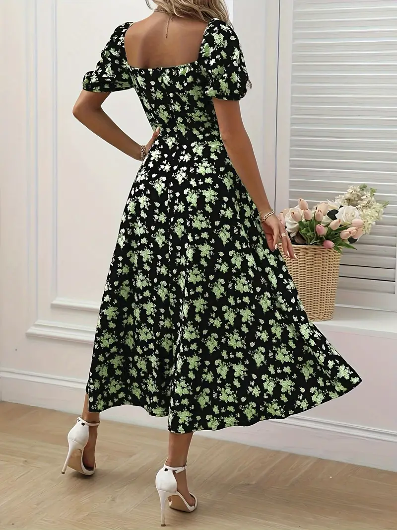 Heidi-Mode | Schickes Kleid mit Puffärmeln Im A-Linien-Stil mit Blumendruck - Image 5