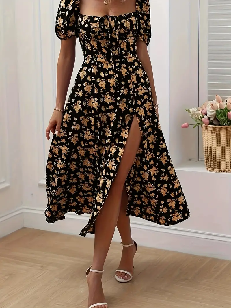 Heidi-Mode | Schickes Kleid mit Puffärmeln Im A-Linien-Stil mit Blumendruck - Image 6