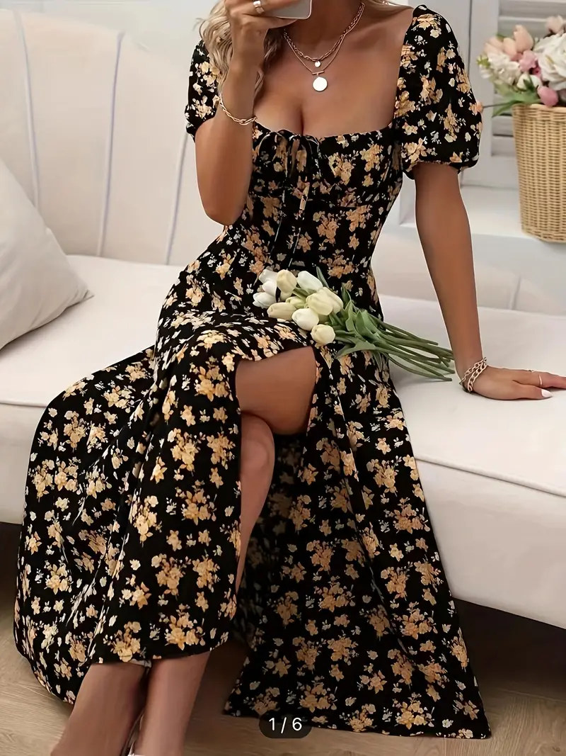 Heidi-Mode | Schickes Kleid mit Puffärmeln Im A-Linien-Stil mit Blumendruck - Image 8