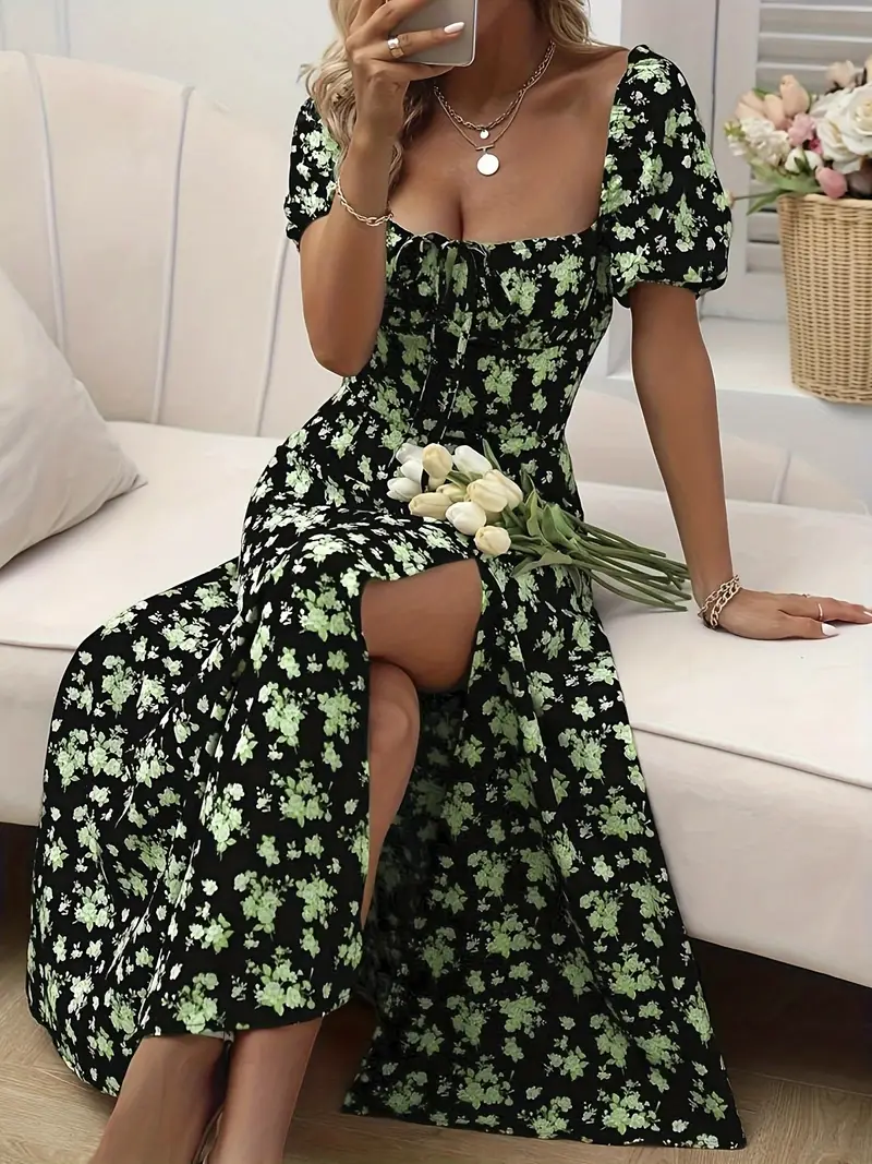 Heidi-Mode | Schickes Kleid mit Puffärmeln Im A-Linien-Stil mit Blumendruck - Image 9