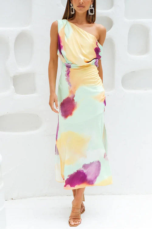 Heidi-Mode | Asymmetrisches Schulter Tailliertes Batik Schlitz Maxikleid - Image 3
