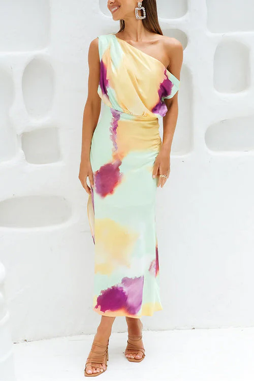 Heidi-Mode | Asymmetrisches Schulter Tailliertes Batik Schlitz Maxikleid - Image 6