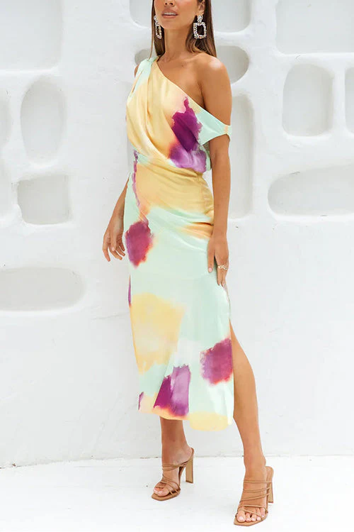 Heidi-Mode | Asymmetrisches Schulter Tailliertes Batik Schlitz Maxikleid - Image 7