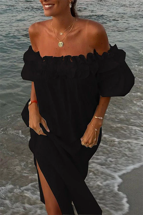 Heidi-Mode | Rosiedress Off Shoulder Rüsche Trim Schlitz Baumwolle Leinen Maxi Urlaub Kleid - Image 5
