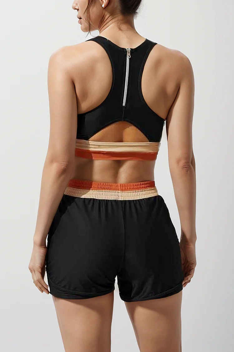 Heidi-Mode | Schwarzes Colorblock Reißverschluss Rücken Sport Bikini-Oberteil mit Boyshort-Set - Image 2