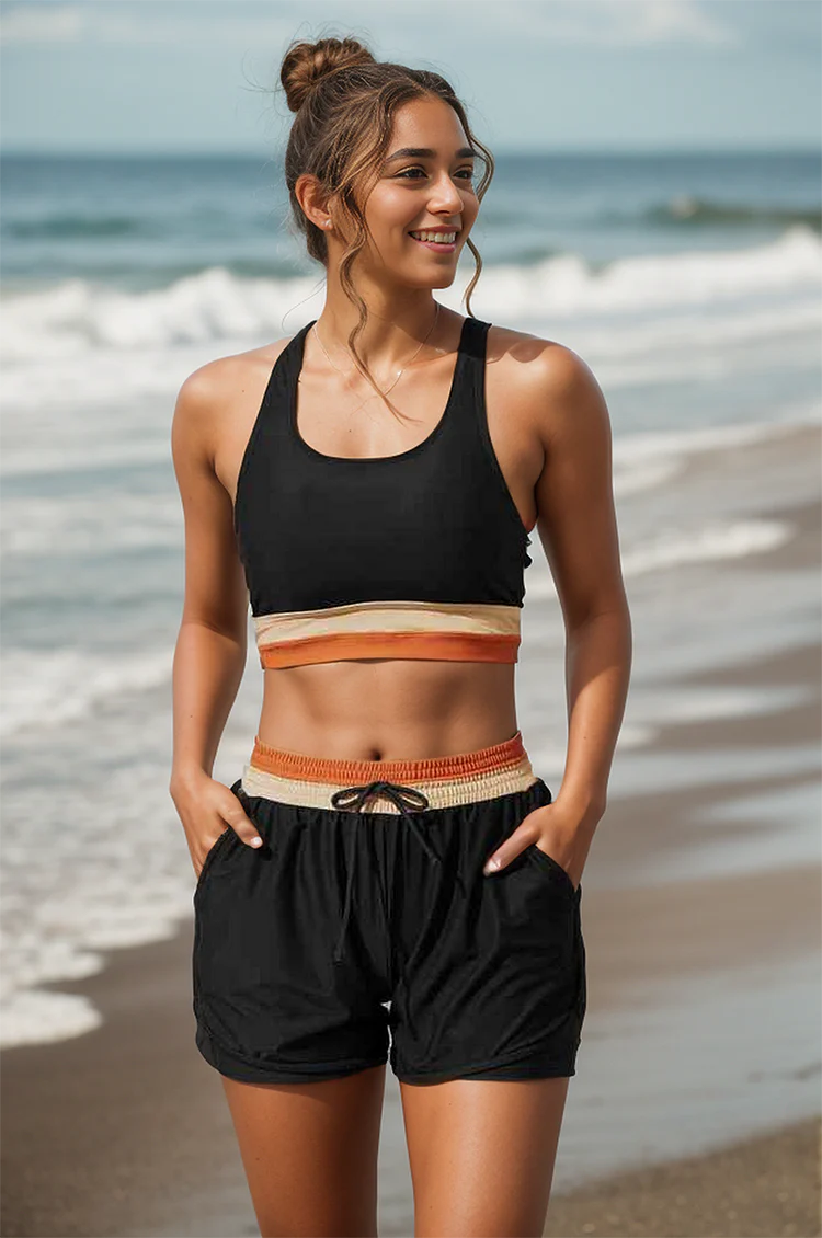 Heidi-Mode | Schwarzes Colorblock Reißverschluss Rücken Sport Bikini-Oberteil mit Boyshort-Set - Image 5
