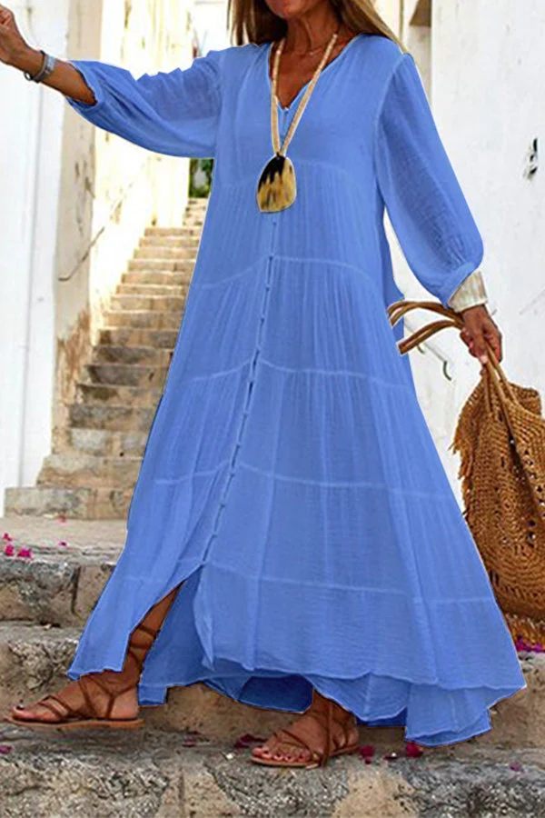 Heidi-Mode | Seraphina Baumwoll-Leinen-Mischung Knopf-Up Gestuftes Maxikleid - Image 3