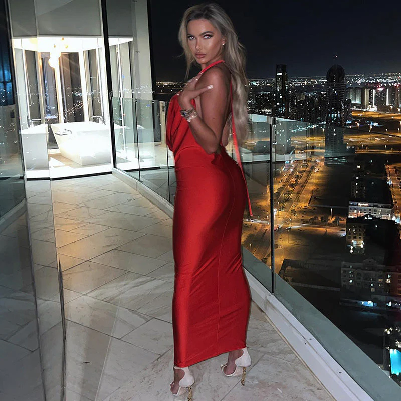Heidi-Mode | Sexy Langes Kleid mit V-Ausschnitt und Halterneck für Frauen - Image 2