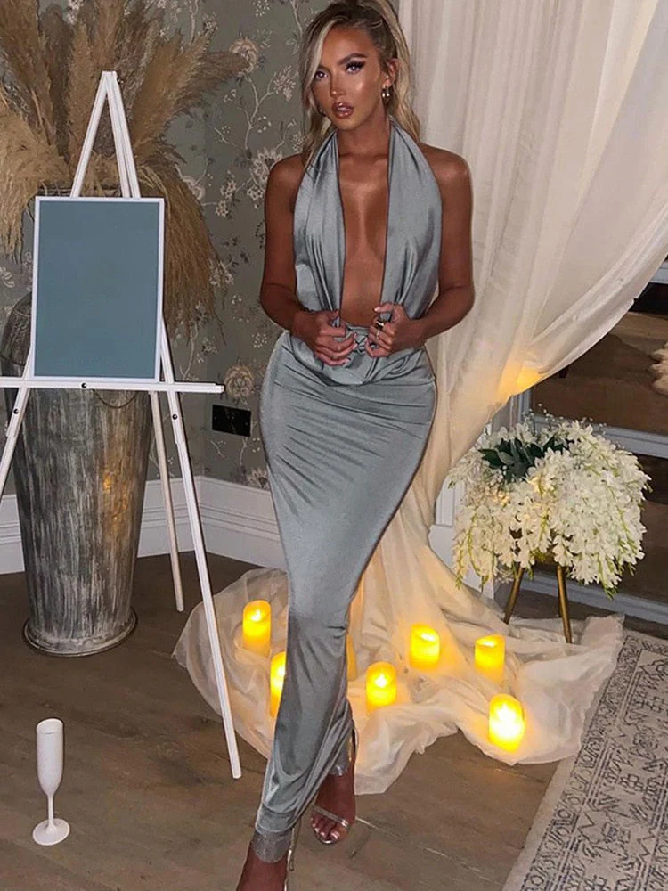Heidi-Mode | Sexy Langes Kleid mit V-Ausschnitt und Halterneck für Frauen - Image 5