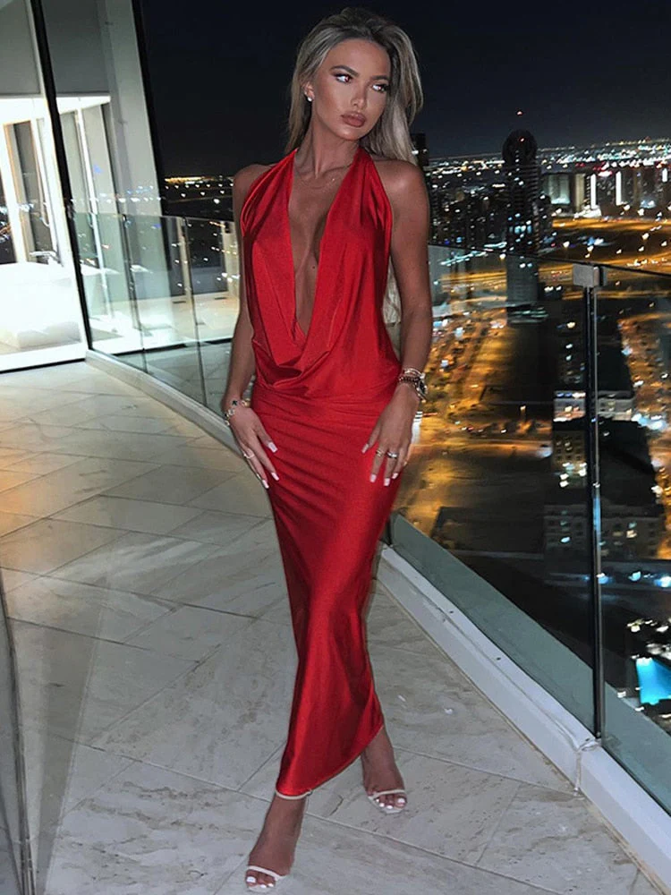 Heidi-Mode | Sexy Langes Kleid mit V-Ausschnitt und Halterneck für Frauen - Image 6