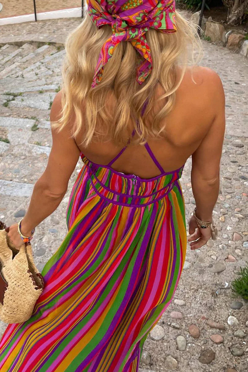 Heidi-Mode | Sexy Urlaub Gestreifte Kontrast V-Ausschnitt Kleider - Image 2