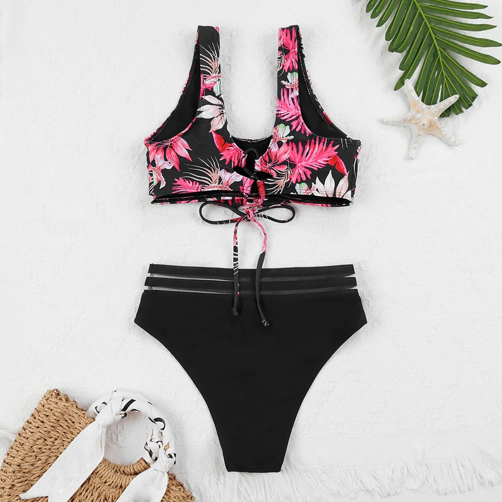 Heidi-Mode | Schnürung Hohe Taille Bikini Frauen Badebekleidung Frauen Badebekleidung Badeanzug Gepolstert Push-Up Blumen Badeanzug Frauen Bikini Set - Image 2