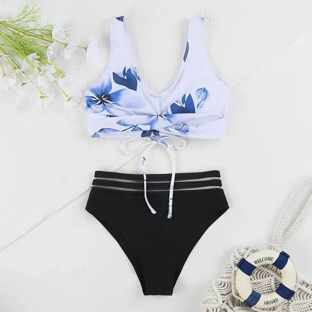 Heidi-Mode | Schnürung Hohe Taille Bikini Frauen Badebekleidung Frauen Badebekleidung Badeanzug Gepolstert Push-Up Blumen Badeanzug Frauen Bikini Set - Image 3