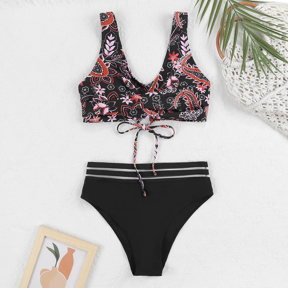 Heidi-Mode | Schnürung Hohe Taille Bikini Frauen Badebekleidung Frauen Badebekleidung Badeanzug Gepolstert Push-Up Blumen Badeanzug Frauen Bikini Set - Image 4