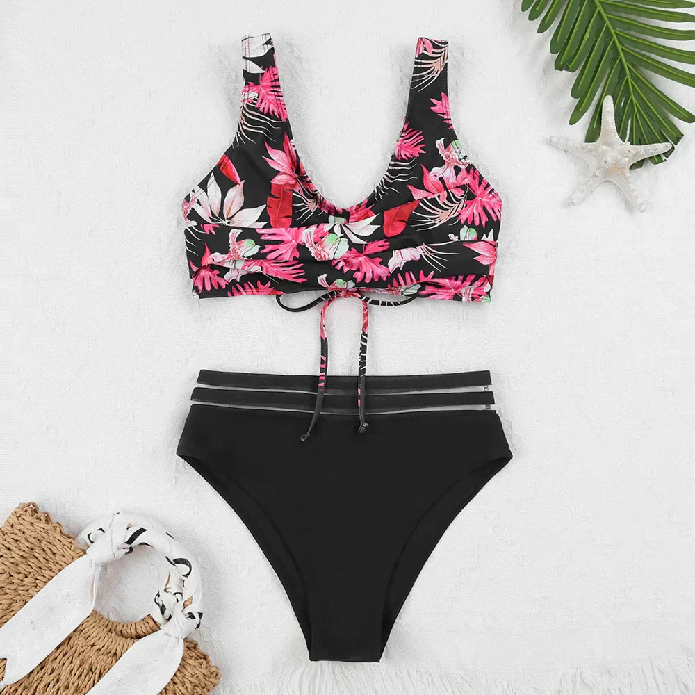 Heidi-Mode | Schnürung Hohe Taille Bikini Frauen Badebekleidung Frauen Badebekleidung Badeanzug Gepolstert Push-Up Blumen Badeanzug Frauen Bikini Set - Image 6
