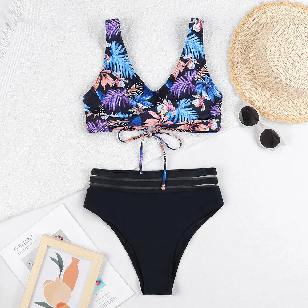 Heidi-Mode | Schnürung Hohe Taille Bikini Frauen Badebekleidung Frauen Badebekleidung Badeanzug Gepolstert Push-Up Blumen Badeanzug Frauen Bikini Set - Image 7