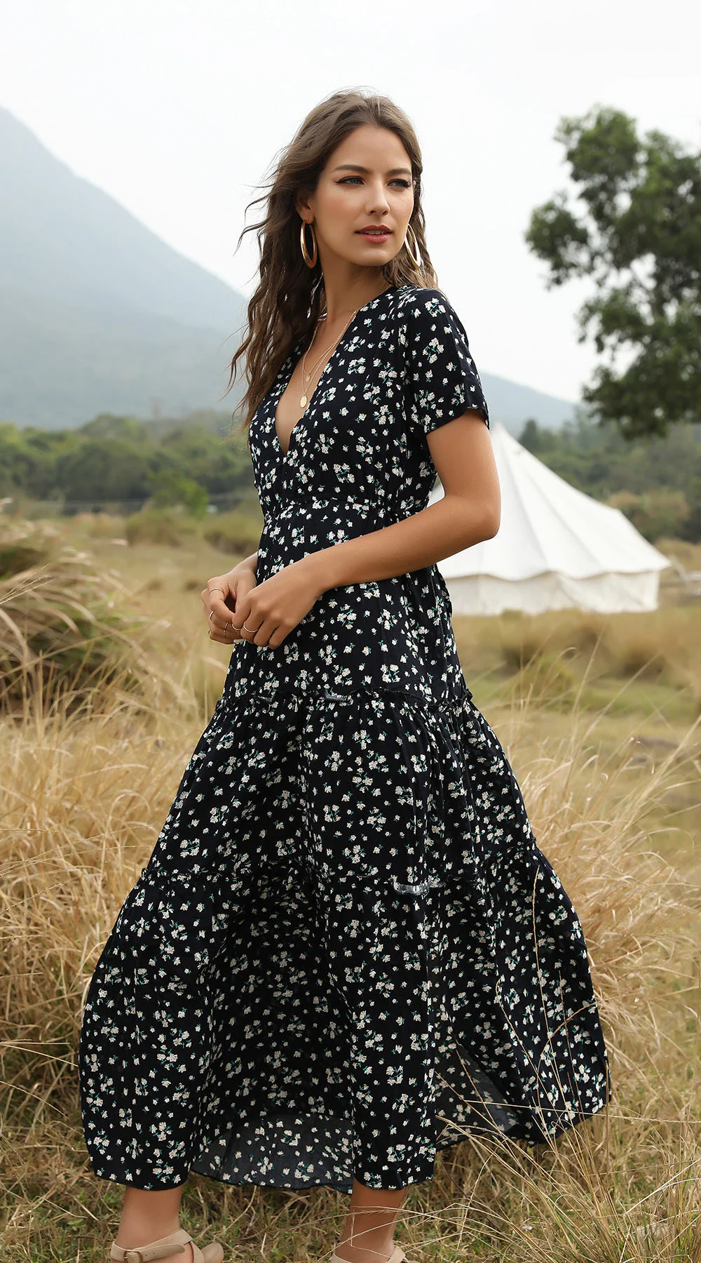 Heidi-Mode | Sommer Blumenmuster Rüschen Boho Maxi Kleid - Image 8