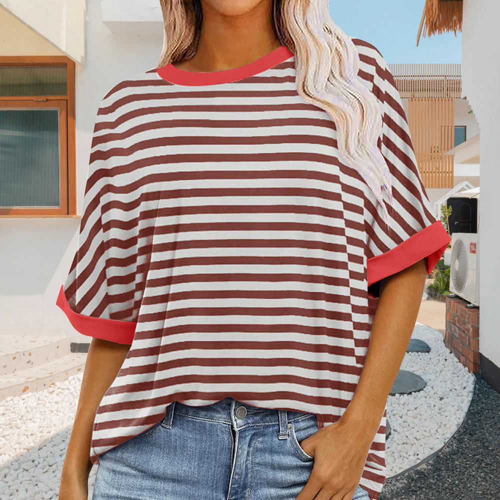 Heidi-Mode | Sommer Damen Neue Einfache Gestreiften Rundhals Trendy Kurzen Ärmeln - Image 10