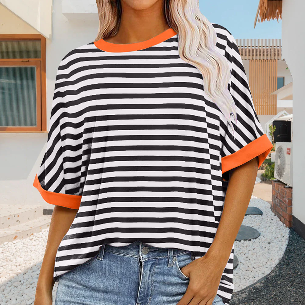 Heidi-Mode | Sommer Damen Neue Einfache Gestreiften Rundhals Trendy Kurzen Ärmeln - Image 3