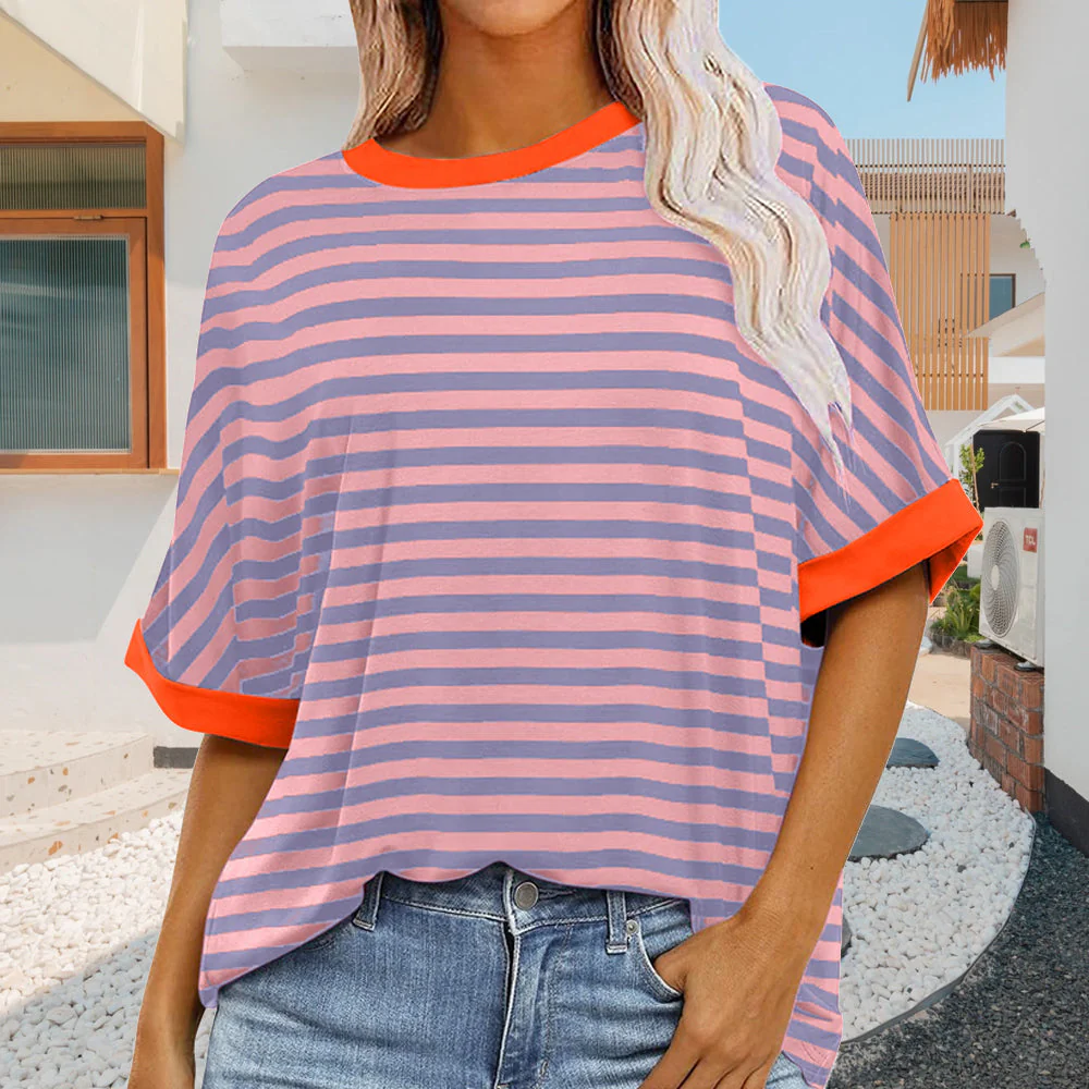 Heidi-Mode | Sommer Damen Neue Einfache Gestreiften Rundhals Trendy Kurzen Ärmeln - Image 8