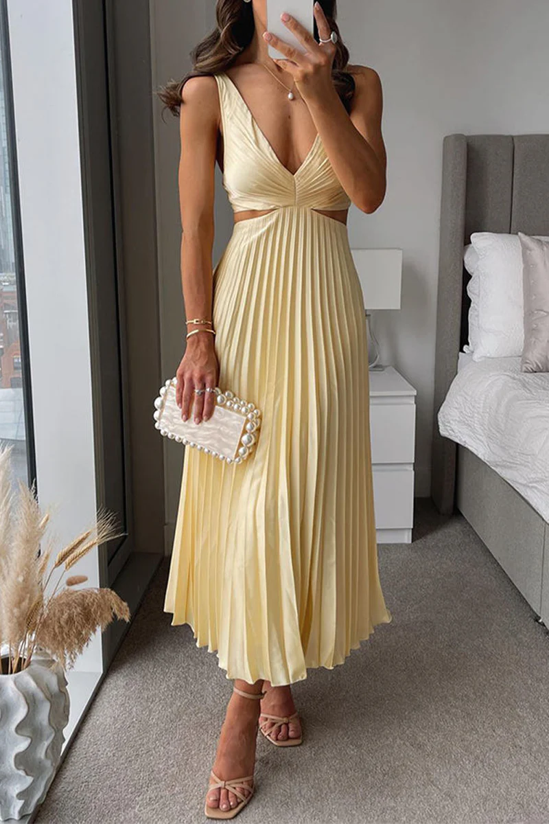 Heidi-Mode | Sommer Sozial Flecken Plissierter Cutout Taille Locker Midi - 6 Farben