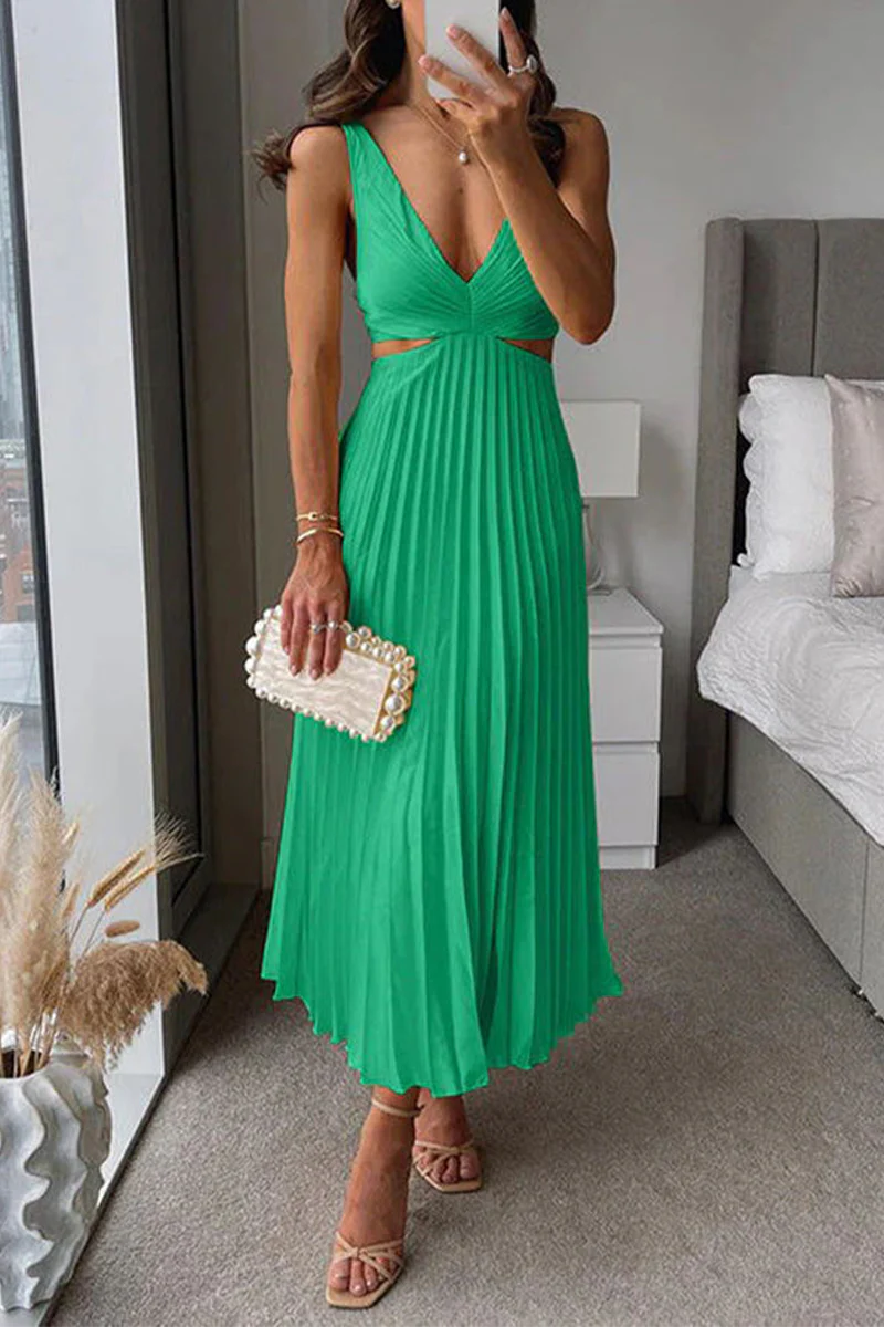 Heidi-Mode | Sommer Sozial Flecken Plissierter Cutout Taille Locker Midi - 6 Farben - Image 3