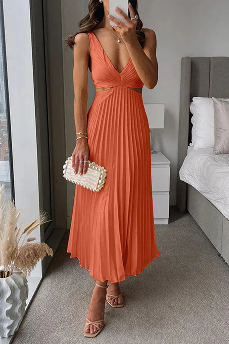 Heidi-Mode | Sommer Sozial Flecken Plissierter Cutout Taille Locker Midi - 6 Farben - Image 5