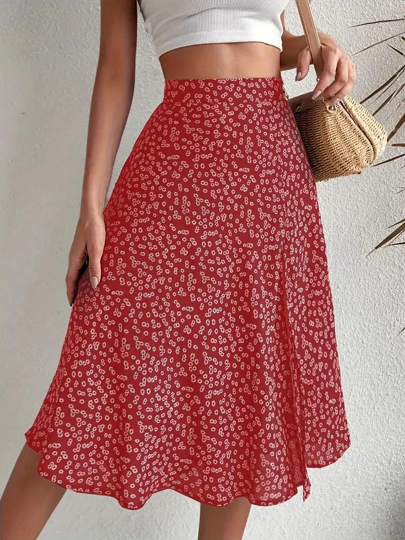 Heidi-Mode | Sommerrock, Floral, Geteilt, Midi-Rock, Rock mit Hoher Taille - Image 17