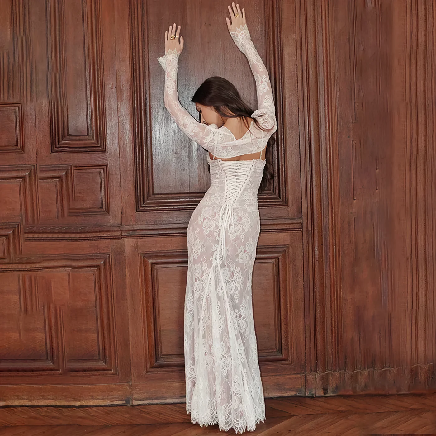 Heidi-Mode | Spitzen Maxikleid Elegantes Langarm Quadratischer Ausschnitt Formelles Abendkleid - Image 2