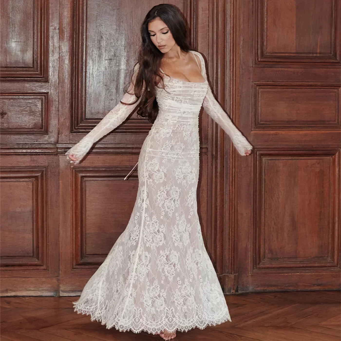 Heidi-Mode | Spitzen Maxikleid Elegantes Langarm Quadratischer Ausschnitt Formelles Abendkleid - Image 7