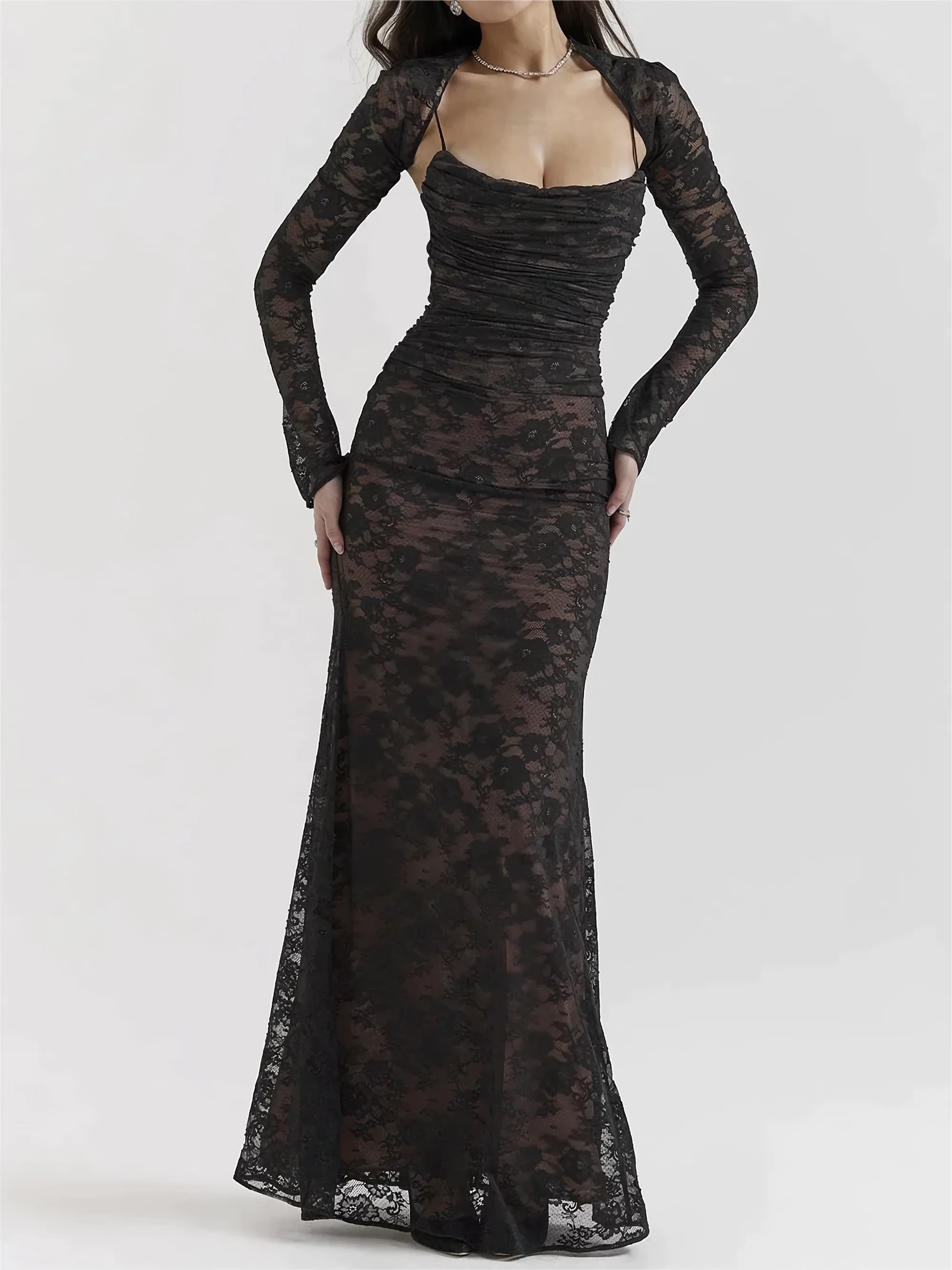 Heidi-Mode | Spitzen Maxikleid Elegantes Langarm Quadratischer Ausschnitt Formelles Abendkleid - Image 8